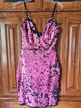 Hot Miami Styles Black Dress with Pink Sequins